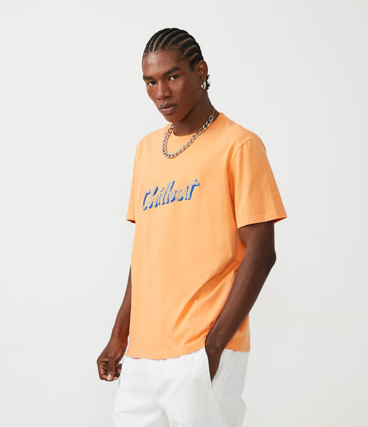Camiseta laranja com apliques de chenille em meia malha