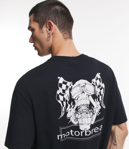 Camiseta preta de ajuste regular em meia malha com estampa metálica Racer