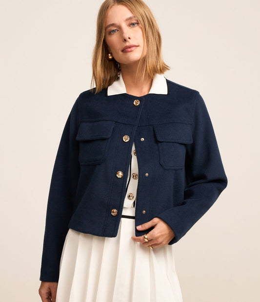 Navy Blue Polivelour Jacket with Metallic Buttons and Pockets