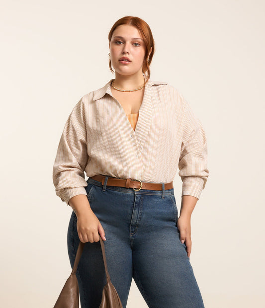 Camicia tricolore a righe con filo metallico, Curve e taglie forti, Beige