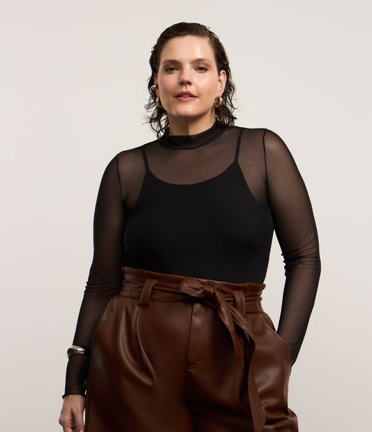 Black Layered Tulle Blouse with Round Neckline - Curve & Plus Size