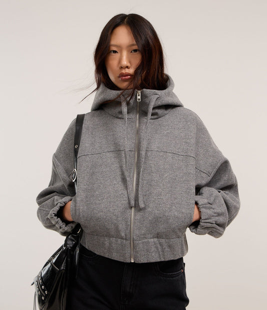 Giacca corta grigia in Polivelour con cappuccio