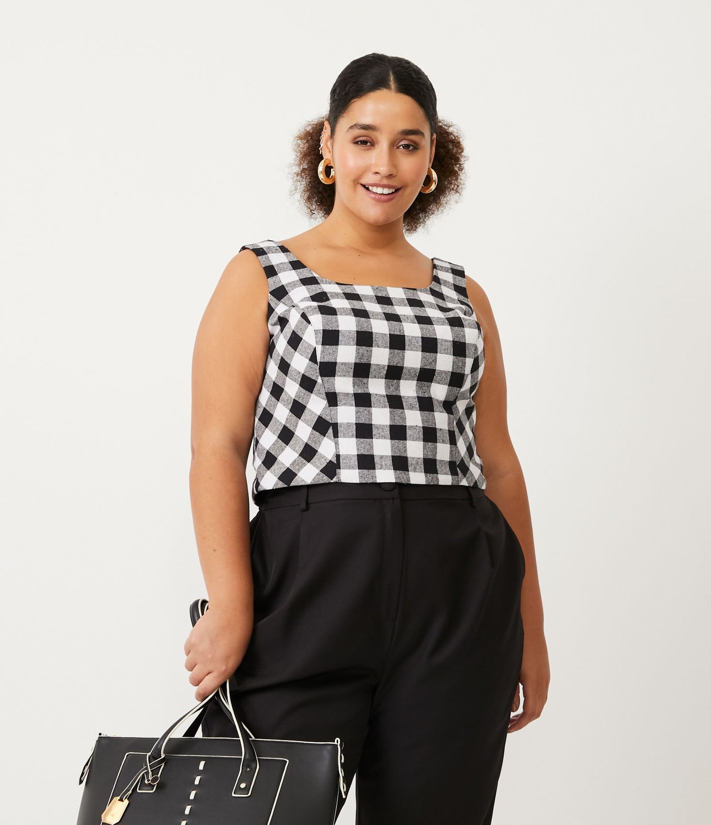 Canotta cropped in cotone con stampa a quadri neri - Curve & Plus Size