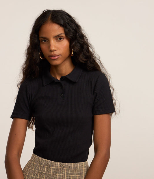 Basic Ribbed Polo Collar Blouse in Black