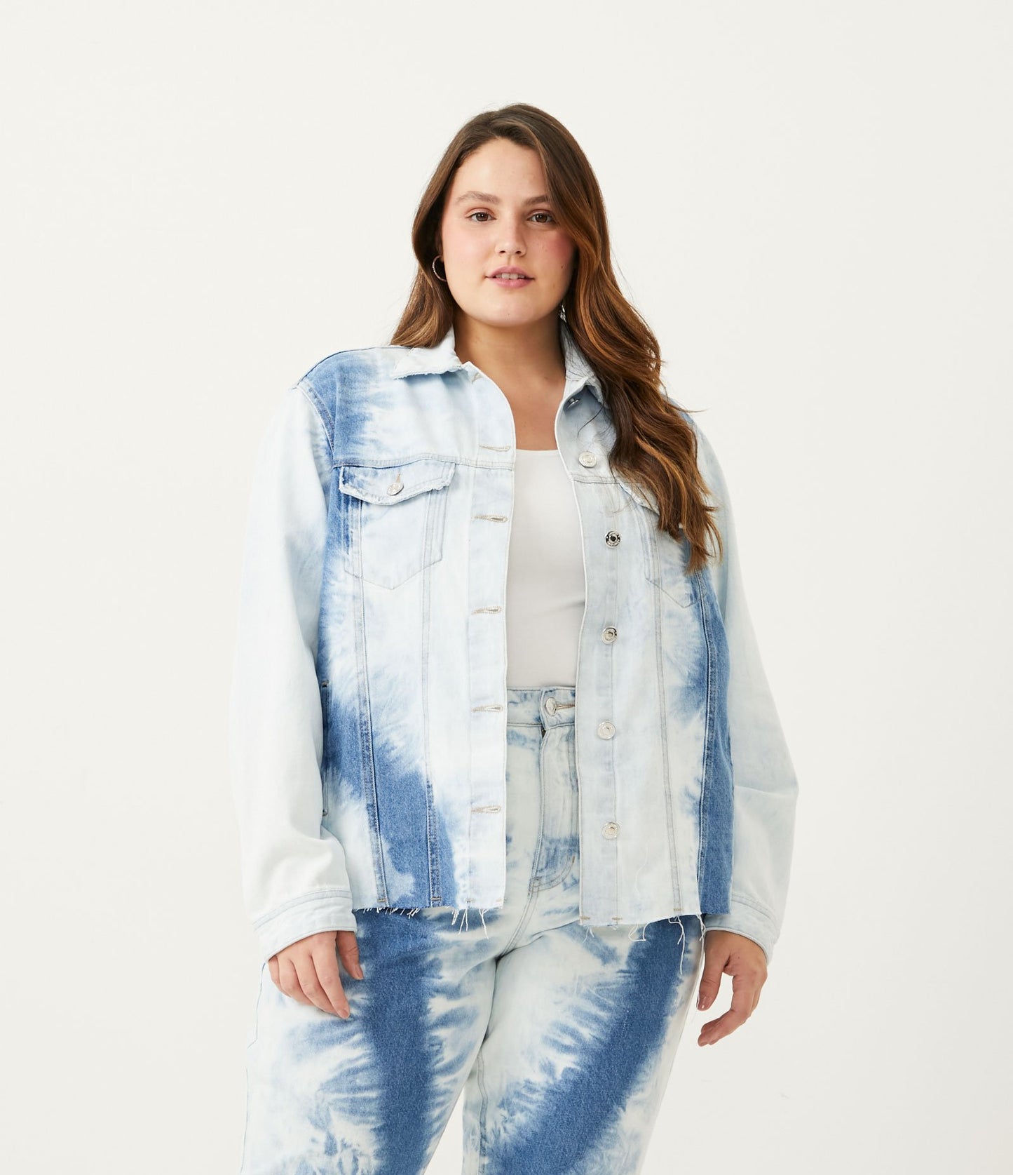 Jaqueta jeans longa com estampa Tie-Dye - Curve & Plus Size Blue