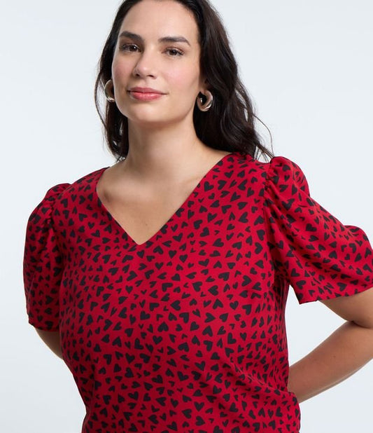 Blouse in Printed Heart Crepe with Puff Sleeves, Curve & Plus Size, Red