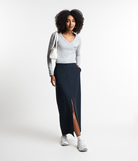 New Navy Blue Midi Tailored Skirt with Front Slit