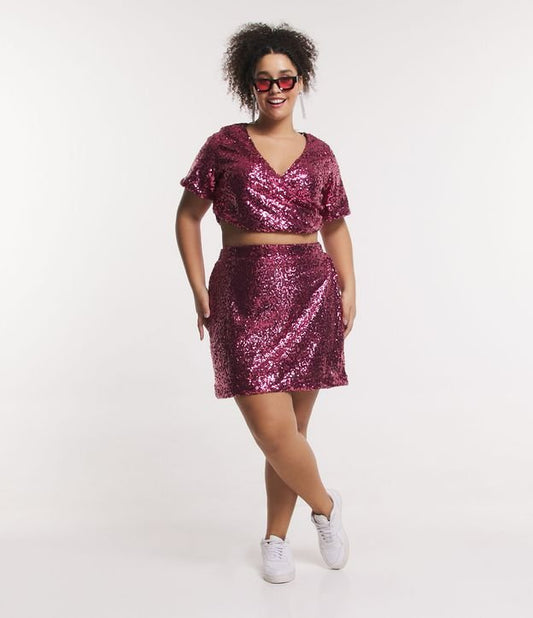 Saia curta de lantejoulas com elástico na cintura para o Carnaval - Curve e Plus Size - Rosa