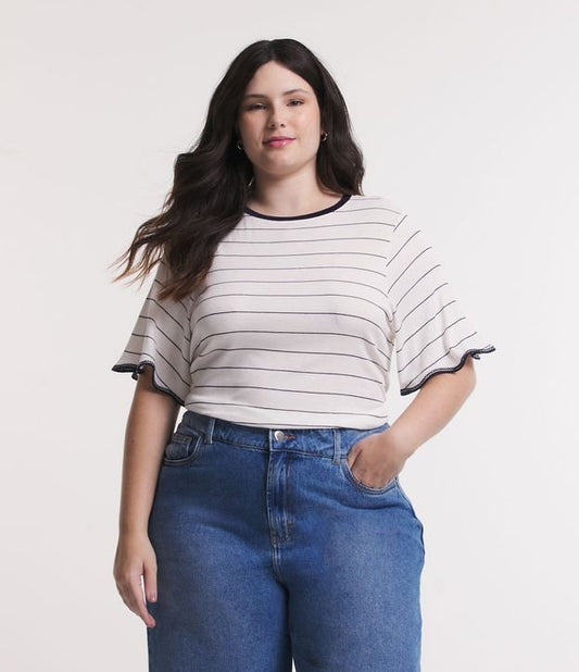 Camicetta a mezza maglia bianca/nera con orlo delle maniche ricamato - Curve e taglie forti