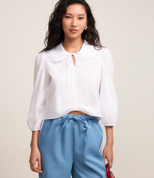 White Tricoline Shirt with Lace Collar and Front Tie
