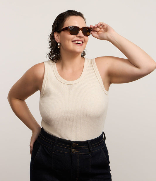 Beige Ribbed Textured Tank Top, Curve & Plus Size