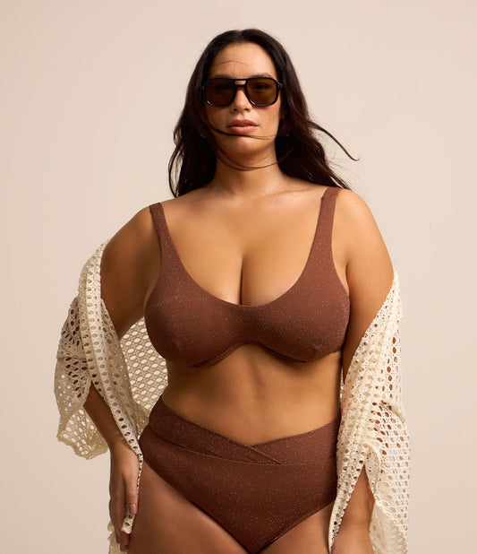 Top de biquíni Demi-Cup Metallic Thread em marrom - Curve e Plus Size