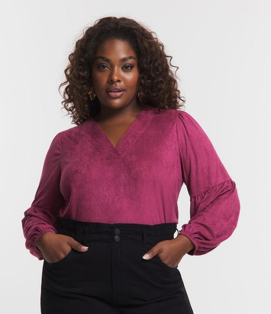 Suede Blouse with Ruched Sleeves in Curve & Plus Size - Pink
