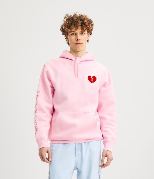 Regular Fit Pullover Hoodie with Pink Broken Heart Print