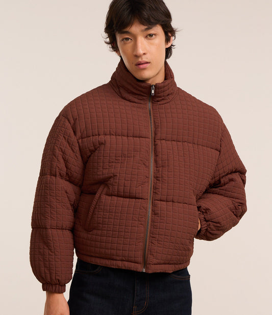 Chaqueta Boxy de poliamida marrón con textura de cuadros