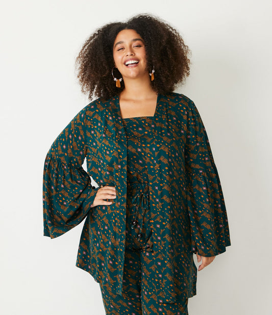 Kimono in viscosa stampata con maniche a campana, taglie forti e taglie forti, blu