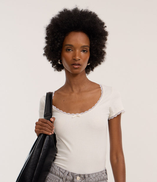 Cotton Blouse with Lace and Bow on White Neckline