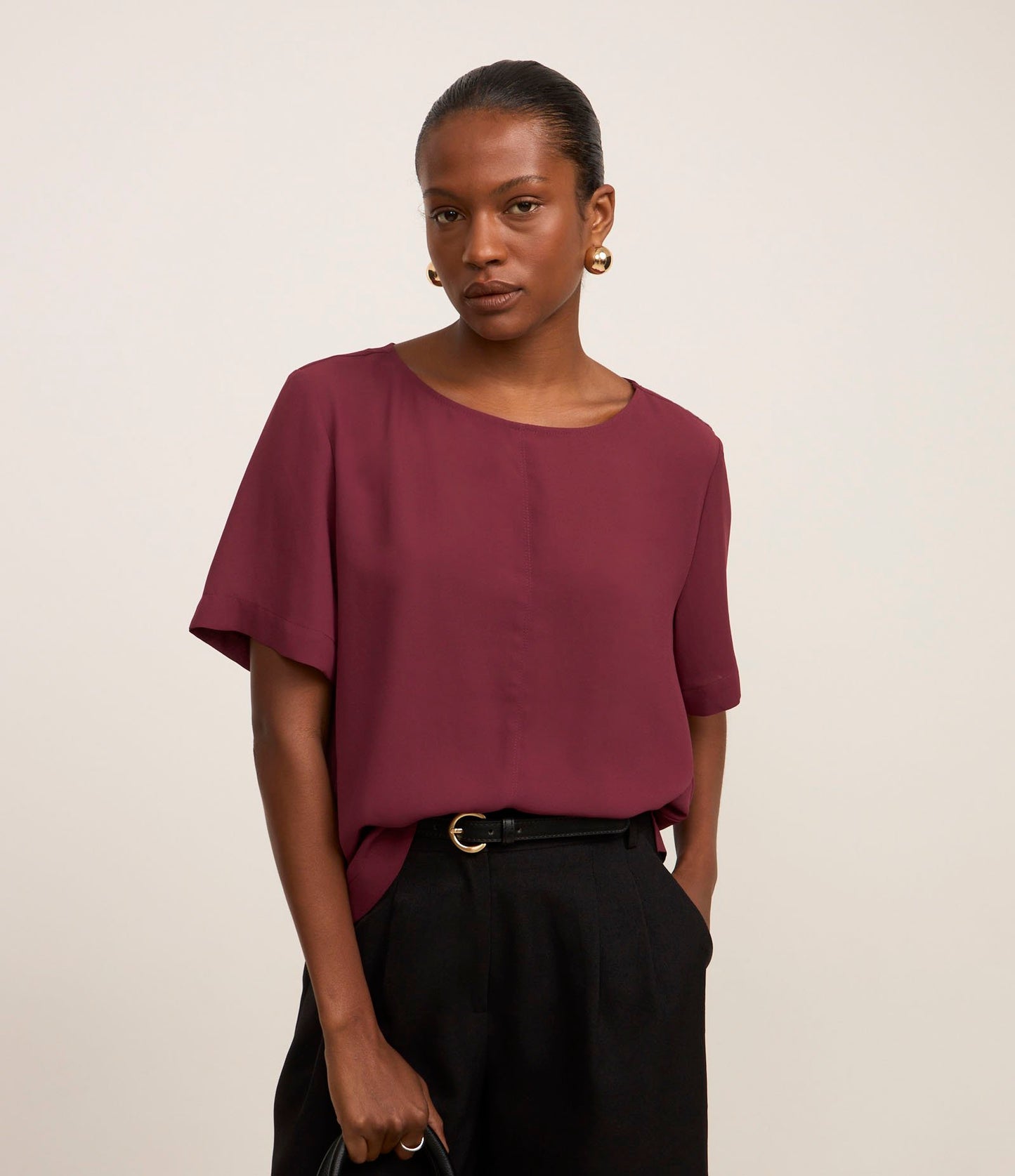 Basic Red Crepe Blouse with Front Stitching