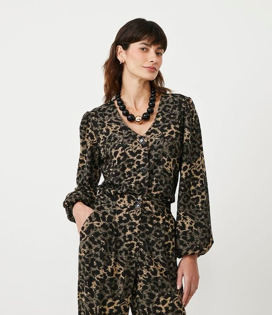 Camicetta a maniche lunghe con stampa animalier leopardata nera
