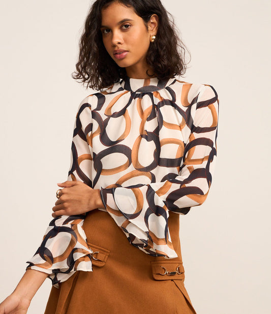 Blusa in chiffon con maniche a campana e stampa ad anelli in bianco/arancio/marrone