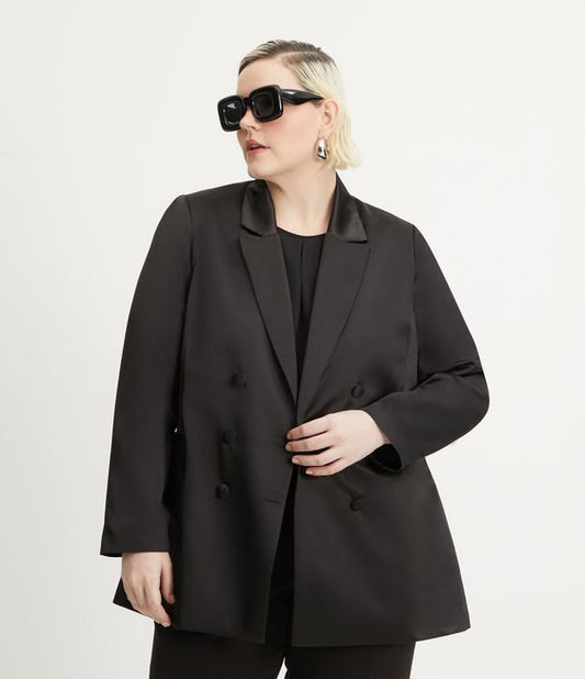 Blazer lungo in raso con bottoni coperti, taglie forti e taglie forti, nero