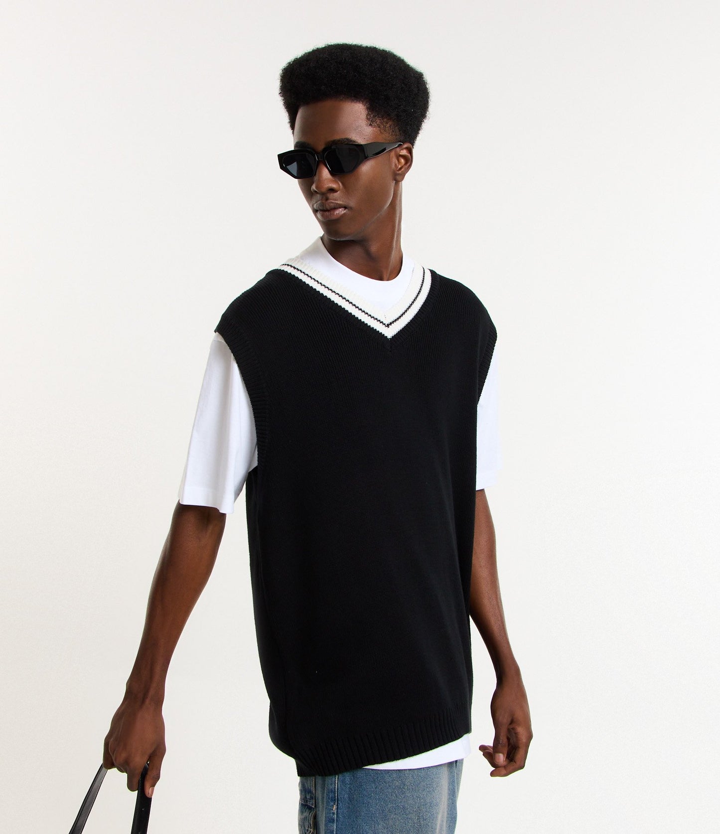 Black Knitted Sweater Vest with Contrasting Collar