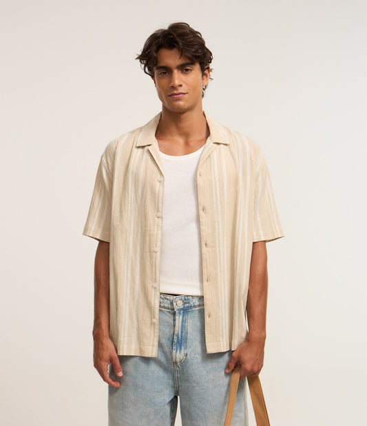 Camicia rilassata a righe rustiche tricolori beige