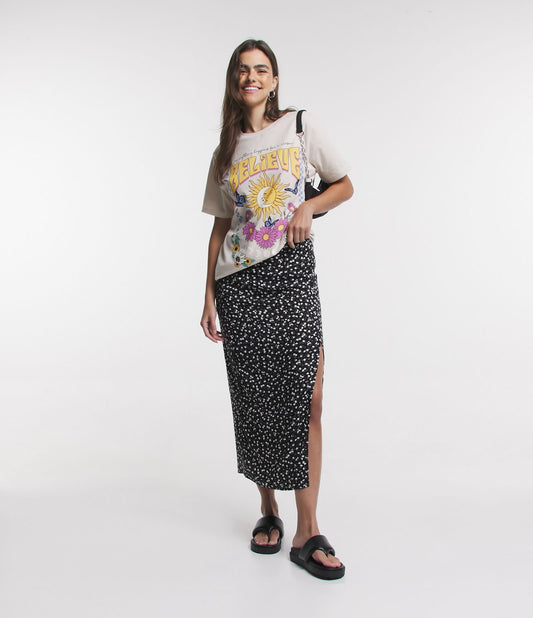 New Black Floral Liberty Print Midi Skirt in Viscose with Slit (Saia midi em viscose com fenda)
