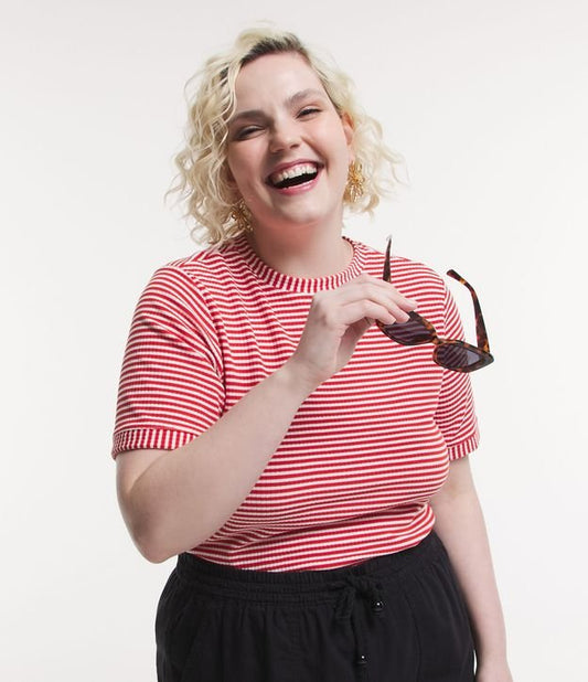 Camicetta a coste con stampa a righe Curve & Plus Size Rosso/Bianco