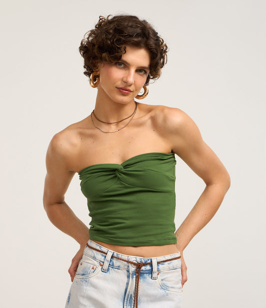 Top de Algodão Tomara que Caia com Detalhe de Nó em Verde