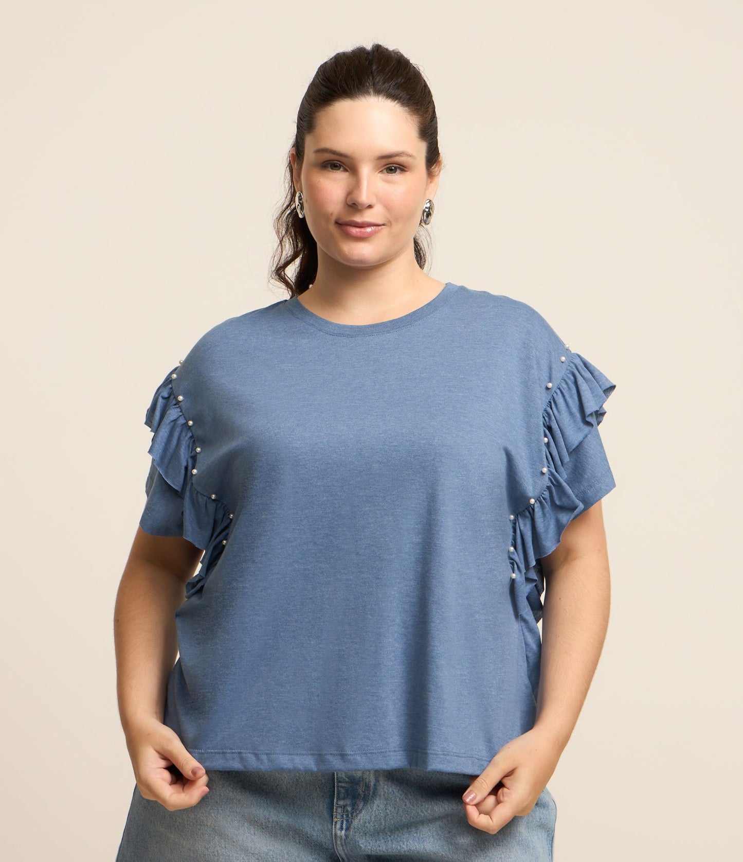 Camicetta blu con volant e perle - Curve e taglie forti