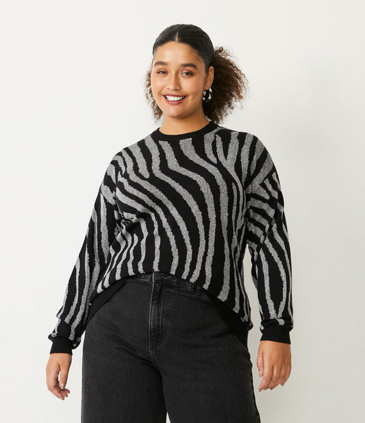 Blusa de malha preta com estampa de animais de zebra - Curve & Plus Size