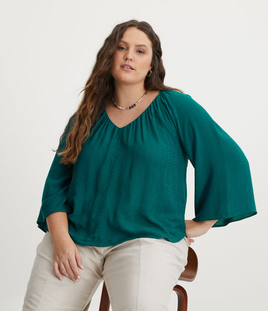 Blusa de viscose com mangas 3/4 e trama texturizada, Curve e Plus Size, verde