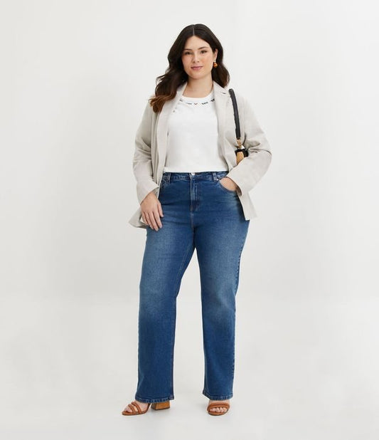 Vaqueros rectos con elástico y lavado sucio, Curvas y tallas grandes, Azul