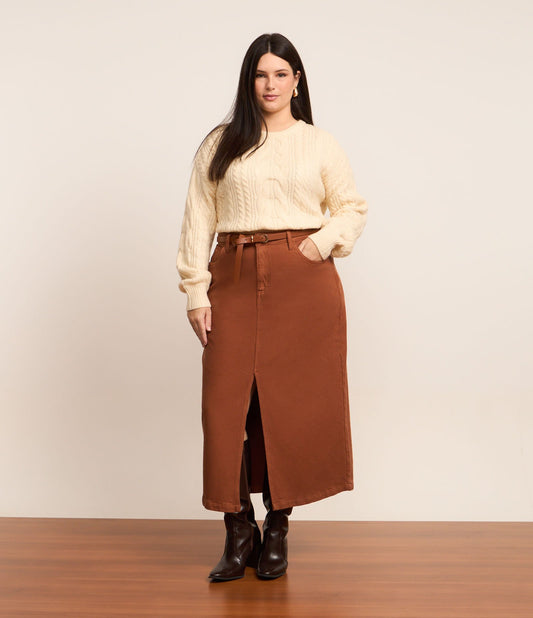 Gonna Midi in velluto a coste color terracotta con spacco frontale - Curve e taglie forti