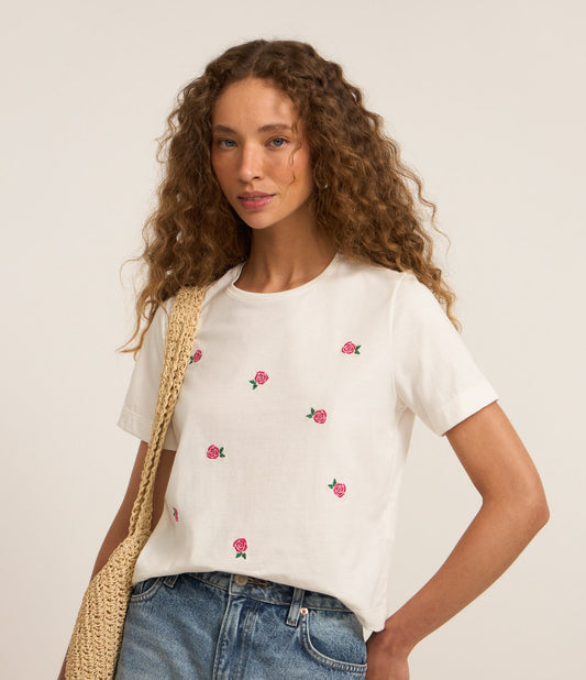 Camiseta de Algodão Branca com Bordado Floral