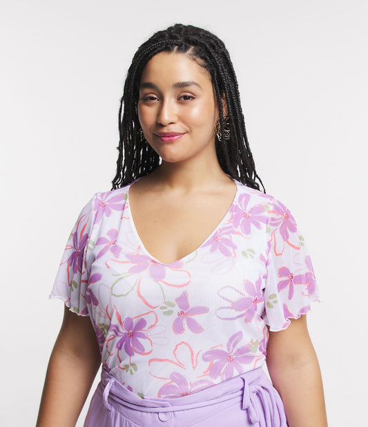 Blusa de tule com mangas soltas e estampa floral, Curve & Plus Size, branco/rosa