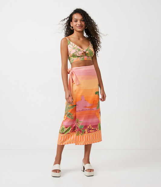Midi Linen Skirt with Side Tie and Orange Tropical Landscape Print