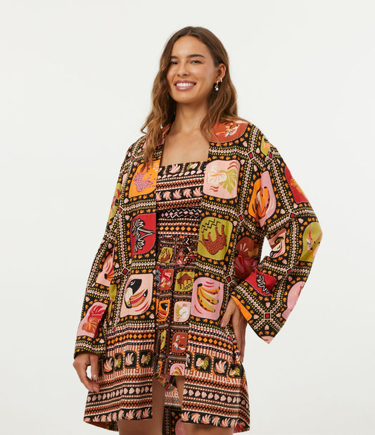 Kimono lungo in misto viscosa-lino con stampa tropicale - Nero