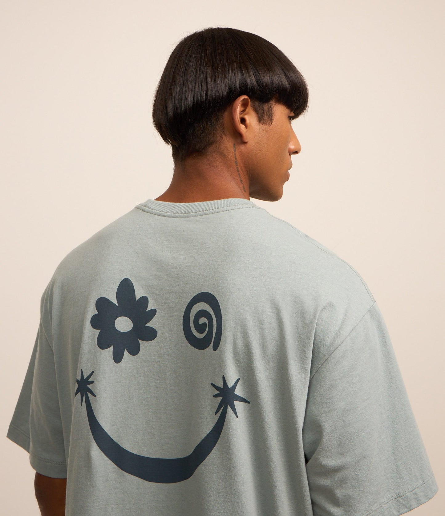 Camiseta Boxy de Algodão com Estampa de Sorriso Azul-Cinza