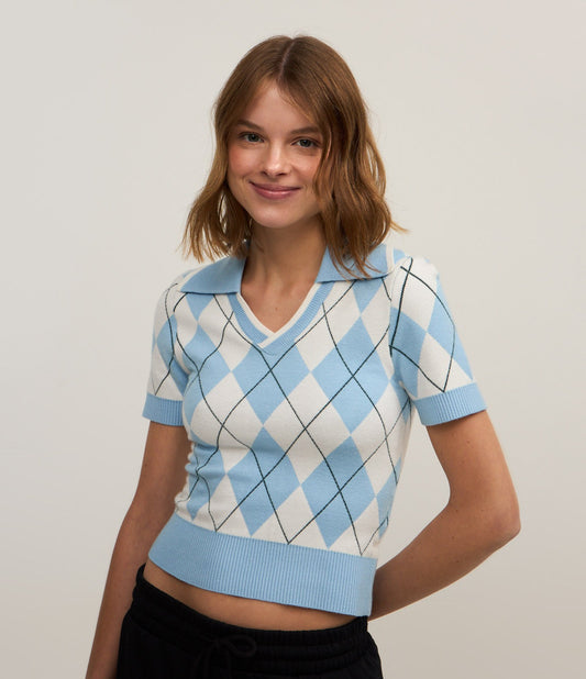 Jacquard Polo Shirt with Blue/White Geometric Print