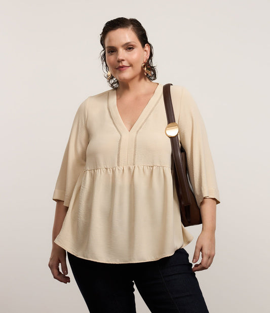 Crepe Blouse with Details and 3/4 Sleeves, Curve & Plus Size, Beige