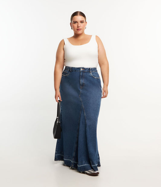 Mermaid Long Denim Skirt in Curve & Plus Size - Blue Denim