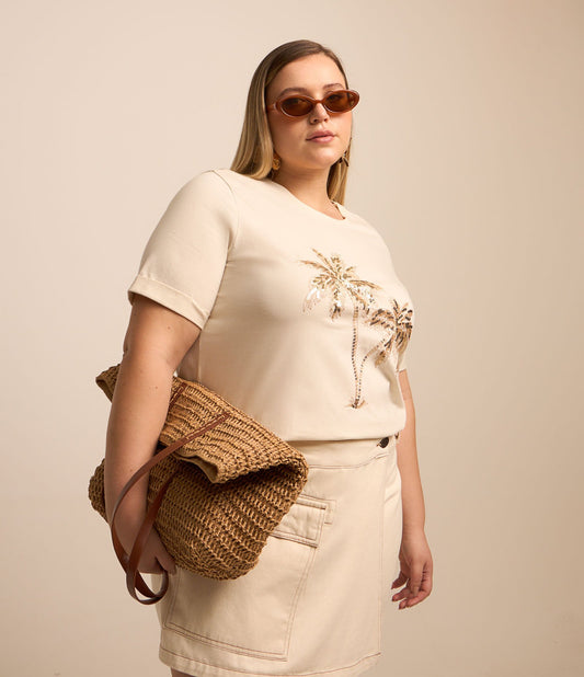 Blusa de algodão bege com palmeiras de lantejoulas - Curve e Plus Size