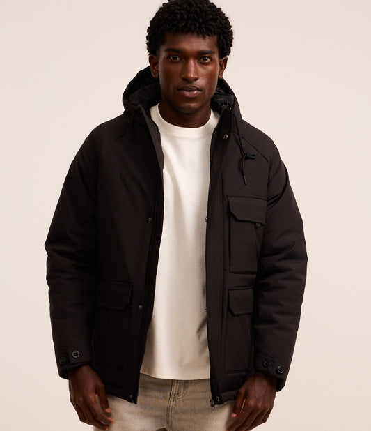 Giacca Parka nera in poliammide con cappuccio e tasche con patta