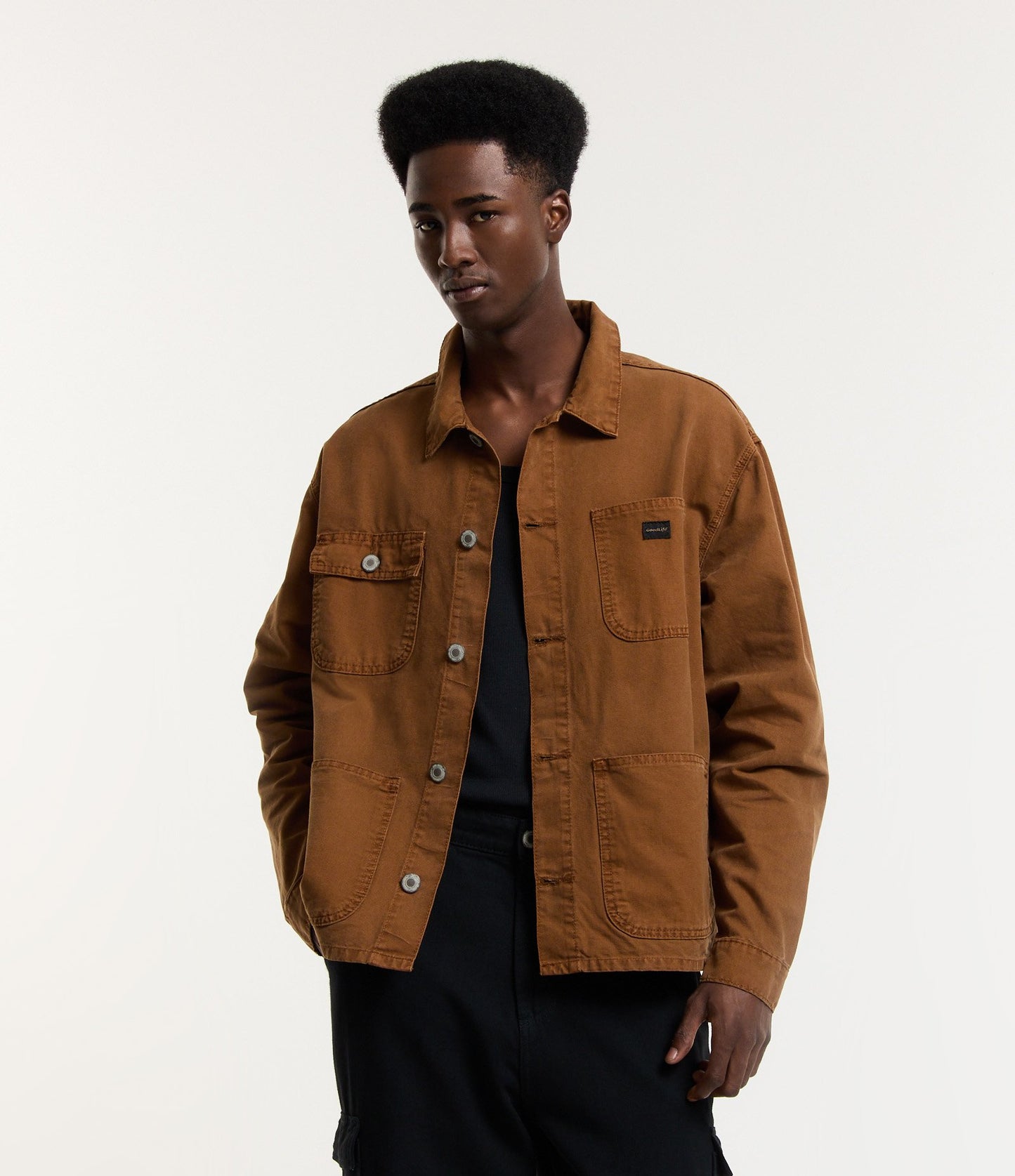 Brown Twill Overshirt with Multiple Pockets