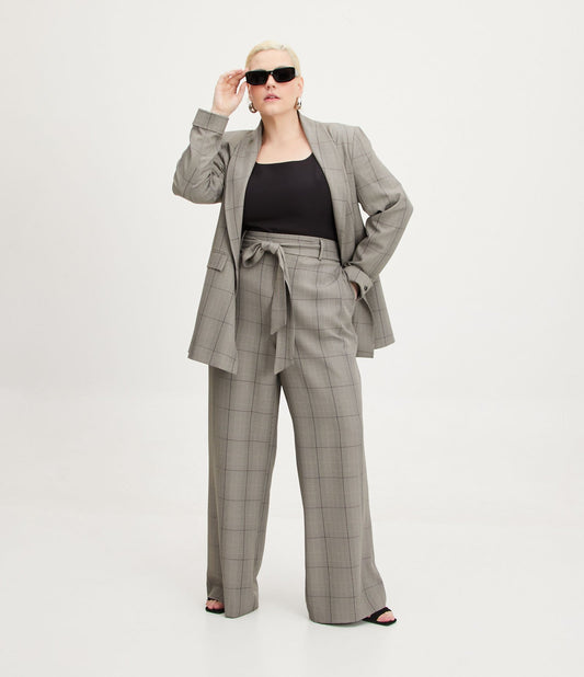 Pantaloni sartoriali a quadri grigi a gamba larga con cintura - Curve e taglie forti