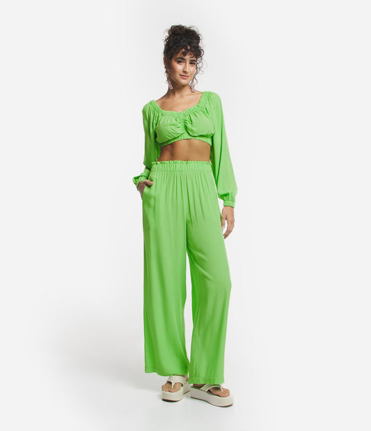 Straight Viscose Pants with Gathered Elastic Waistband in Green