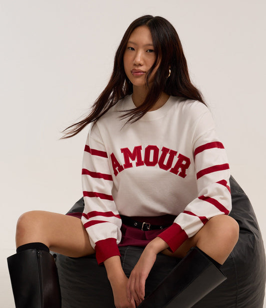 Maglione jacquard con scritta "Amour" e maniche a righe in bianco