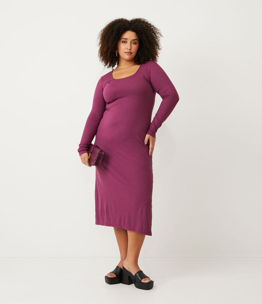 Vestito midi a coste viola con scollo a U, taglie forti e taglie forti